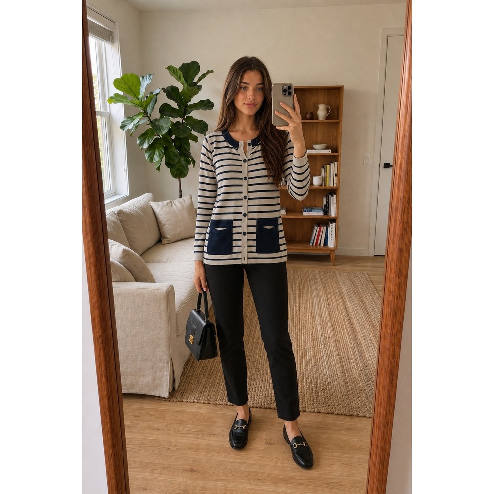 Hem & Thread Womens Striped Cardigan M Tan Blue Preppy Nautical Parisian Classic
